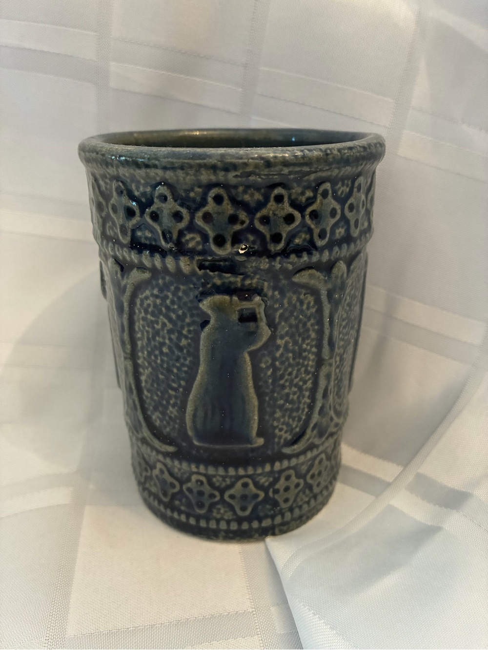Handcrafted Blue Ceramic tumbler with a picture of a monk playing a lyre